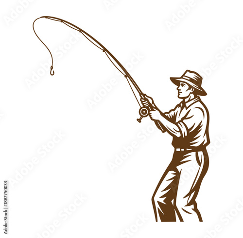 man in hat holding fishing rod with hook isolated on transparent background