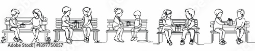 line art of 2 children sitting on park bench giving gifts on Valentine's Day