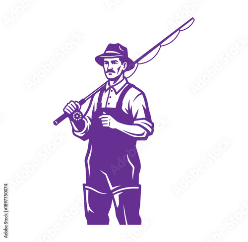 man in overalls and hat holding fishing rod and reel isolated on transparent background