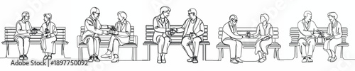line art of a old couple sitting on park bench giving gifts on Valentine's Day