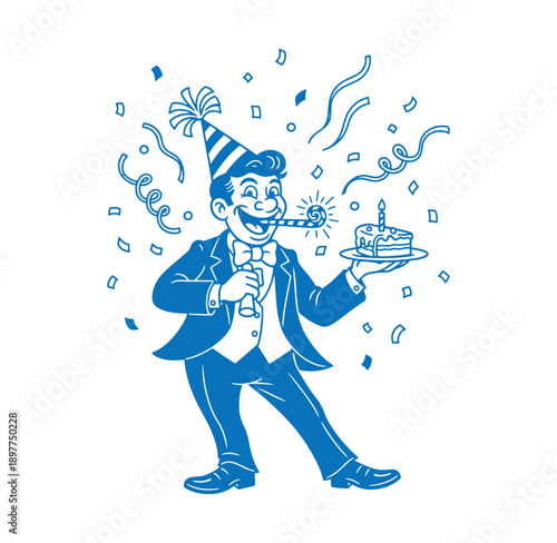 man in suit and party hat holding cake and blowing horn surrounded by confetti