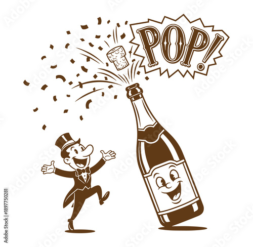 man in suit celebrating with champagne bottle popping cork and confetti