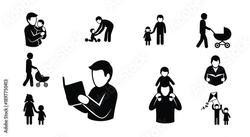 Black silhouettes of people family and parenting icons relationships daily life social interactions on white background