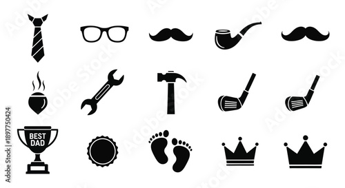 Black icons for father's day including mustaches ties tools and crowns on white background