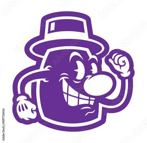 Purple cartoon character with hat and smiling face flexing fist in playful pose