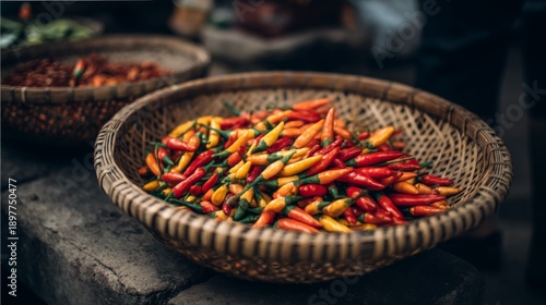Vibrant and Colorful Assortment of Fresh Chili Peppers in Traditional Woven Basket Displayed at Market Stall