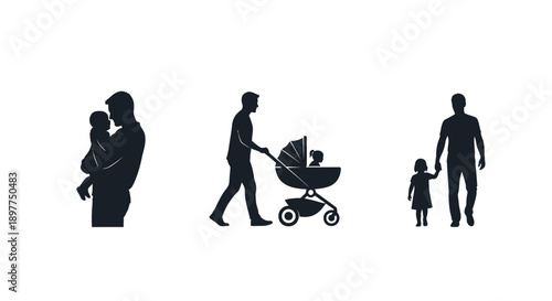 Silhouettes of parents and children family moments parenting love care stroller happy family parenthood child kids mom dad baby toddler family life relationships icons