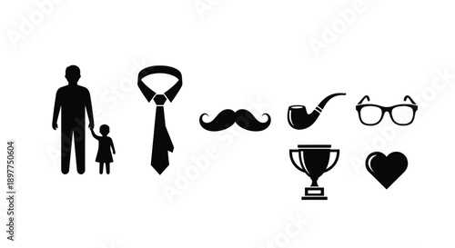 Black silhouettes of man child and various accessories on white background