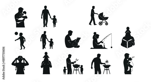 Collection of black silhouette icons depicting family and parenting moments with parents and children