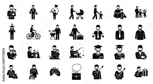 Collection of black silhouette icons depicting various human activities and professions on white background