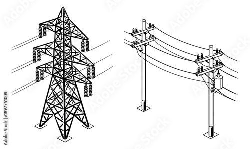 Isometric line art electric power infrastructure set featuring an electricity transmission tower and a utility pole for energy distribution