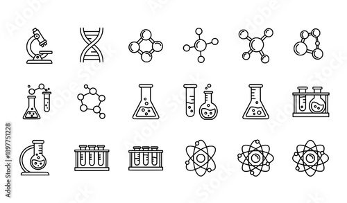 Science Lab Outline Icons Set Chemistry DNA Microscope Molecule Vector