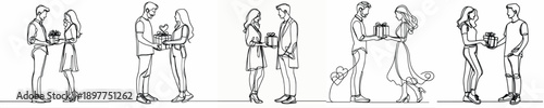 line art of a couple standing giving gifts on Valentine's Day