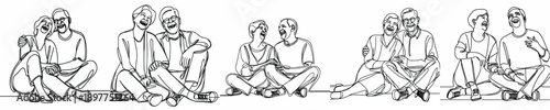 line art old couple sitting together on floor laugh happily