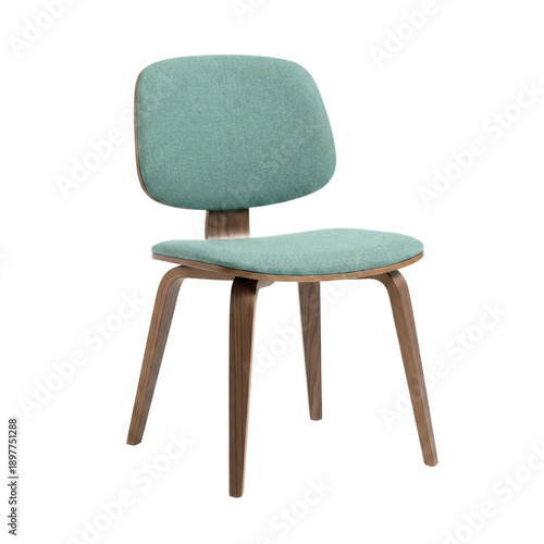 Modern dining chair with teal fabric upholstery and curved wooden frame.