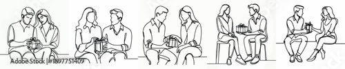 line art of a couple sitting giving gifts on Valentine's Day
