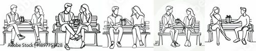 line art of a couple sitting on park bench giving gifts on Valentine's Day