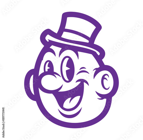 Smiling cartoon face with purple hat and big eyes and nose and cheek  happy expression