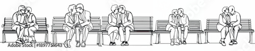 line art of a old couple kissing affectionately on a park bench