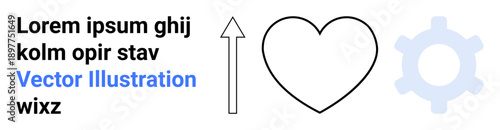 Graphic design, engineering, business growth, teamwork, innovation, communication. Features a heart, upward arrow and gear icon with placeholder text. Business growth and engineering concept