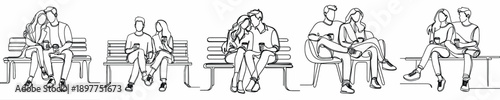 line art of a couple sitting together on a park bench drinking coffee