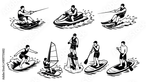 Hand drawn line art water sports set featuring people wakeboarding, jet skiing, surfing, windsurfing, flyboarding, and paddleboarding for summer recreation