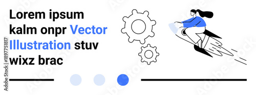 Woman on rocket symbolizing speed and innovation, two gears representing process and collaboration. Ideal for startup, strategy, teamwork, creativity, growth, motivation, simple landing page