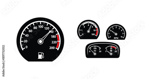 Automotive dashboard gauges displayed in a stark black silhouette