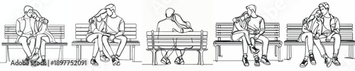 line art of a couple hugging affectionately on a park bench