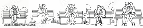 line art of a couple kissing affectionately on a park bench