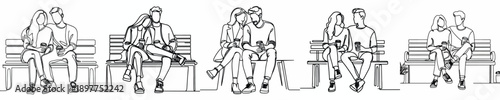 line art of a couple sitting together on a park bench drinking coffee