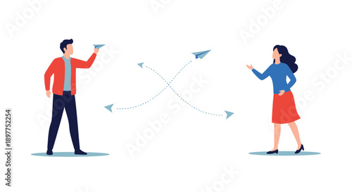 People exchanging paper airplanes illustrating connection and communication silhouette