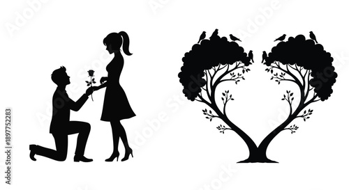 A romantic proposal under a heart shaped tree a beautiful silhouette