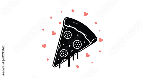A delicious slice of pizza surrounded by hearts a striking silhouette
