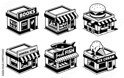Isometric line art store set featuring a book store, bakery, burger joint, general store, fish market, and ice cream shop for urban business concepts