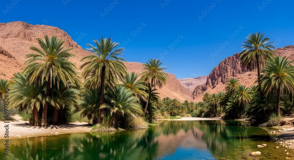 Obraz premium Oasis with palm trees and clear water in desert
