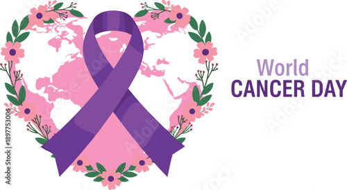 World Cancer Day awareness graphic with purple ribbon floral heart plus Celebrating Black History Month African woman and traditional red Chinese lion dance mask.