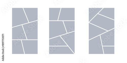 Image collage layout template. Grey mosaic mood board grid collection. Picture frame set. Photo album idea for banner, poster, comic page, flyer, brochure, booklet, memory wall design. Vector pack