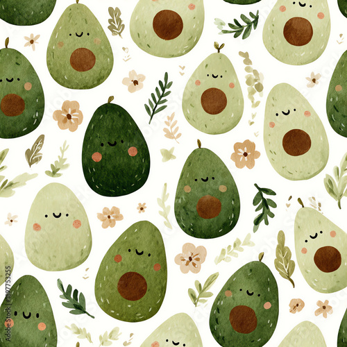 a seamless pattern of cute avocados with faces, in soft watercolor strokes on a white background, inspired by storybook illustrations and children's art prints.