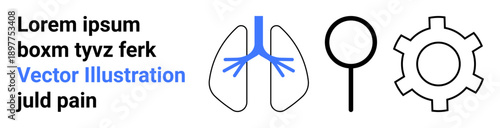 Lungs icon with blue bronchial tree, magnifying glass, and gear symbol. Ideal for healthcare, analysis, diagnostics, engineering, education, innovation simple landing page