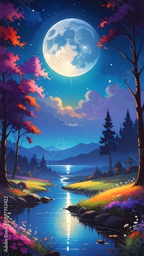 Enchanting night scene of a vibrant landscape bathed in ethereal moonlight
