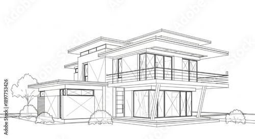 Architectural Concept Sketch of a Modern Luxury Home Design Blueprint Illustration