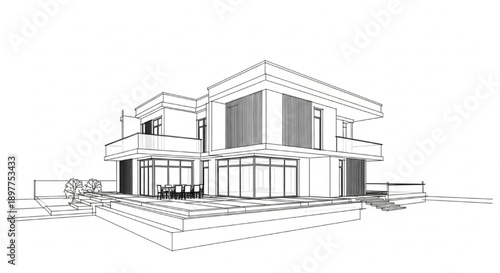Detailed wireframe illustration of a luxury modern house plan, representing a sophisticated architectural concept