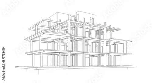 Detailed 3D wireframe render of a contemporary multi-story building structure, illustrating architectural design