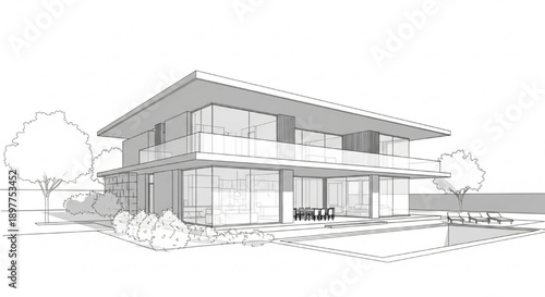 Architectural Sketch of a Contemporary Luxury Residence with Swimming Pool and Modern Design Elements