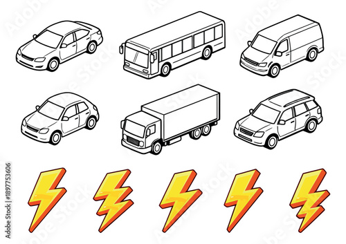 Isometric line art transport set featuring a sedan, hatchback, bus, van, truck, and SUV, with additional lightning bolts, for mobility and energy concepts