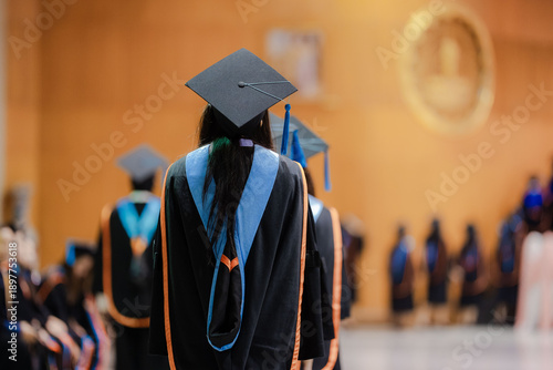 Rear view of university graduates wearing academic gowns and mortarboards standing in line during a commencement ceremony. The image represents higher education achievement, graduation success, academ