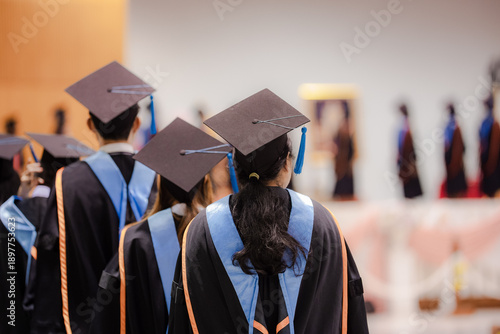 Rear view of university graduates wearing academic gowns and mortarboards standing in line during a commencement ceremony. The image represents higher education achievement, graduation success, academ