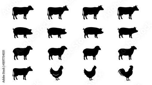 Collection of Farm Animal Silhouettes for Food Production.