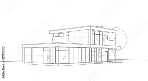 Detailed architectural sketch of a contemporary residential dwelling, showcasing modern house design and conceptual exterior lines